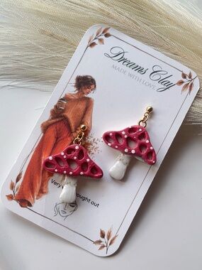Handmade Red Mushroom Clay Earrings